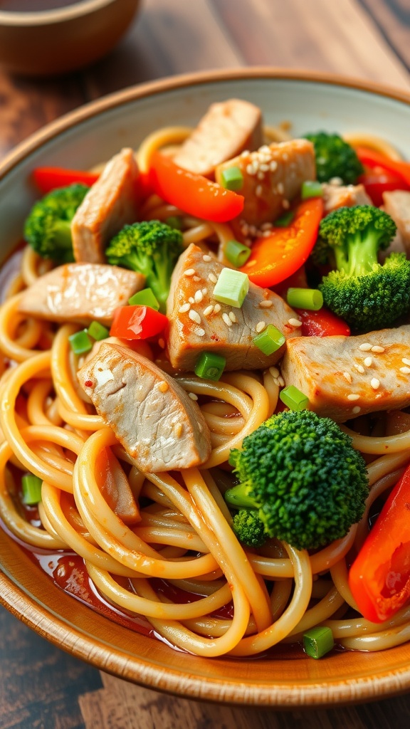 A colorful pork udon noodle stir-fry with vegetables on a plate, garnished with sesame seeds and green onions.